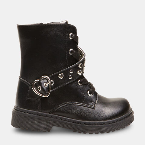 Botas militares de niña efecto piel con hebilla, Negro Botas militares de niña efecto piel con hebilla, Negro
